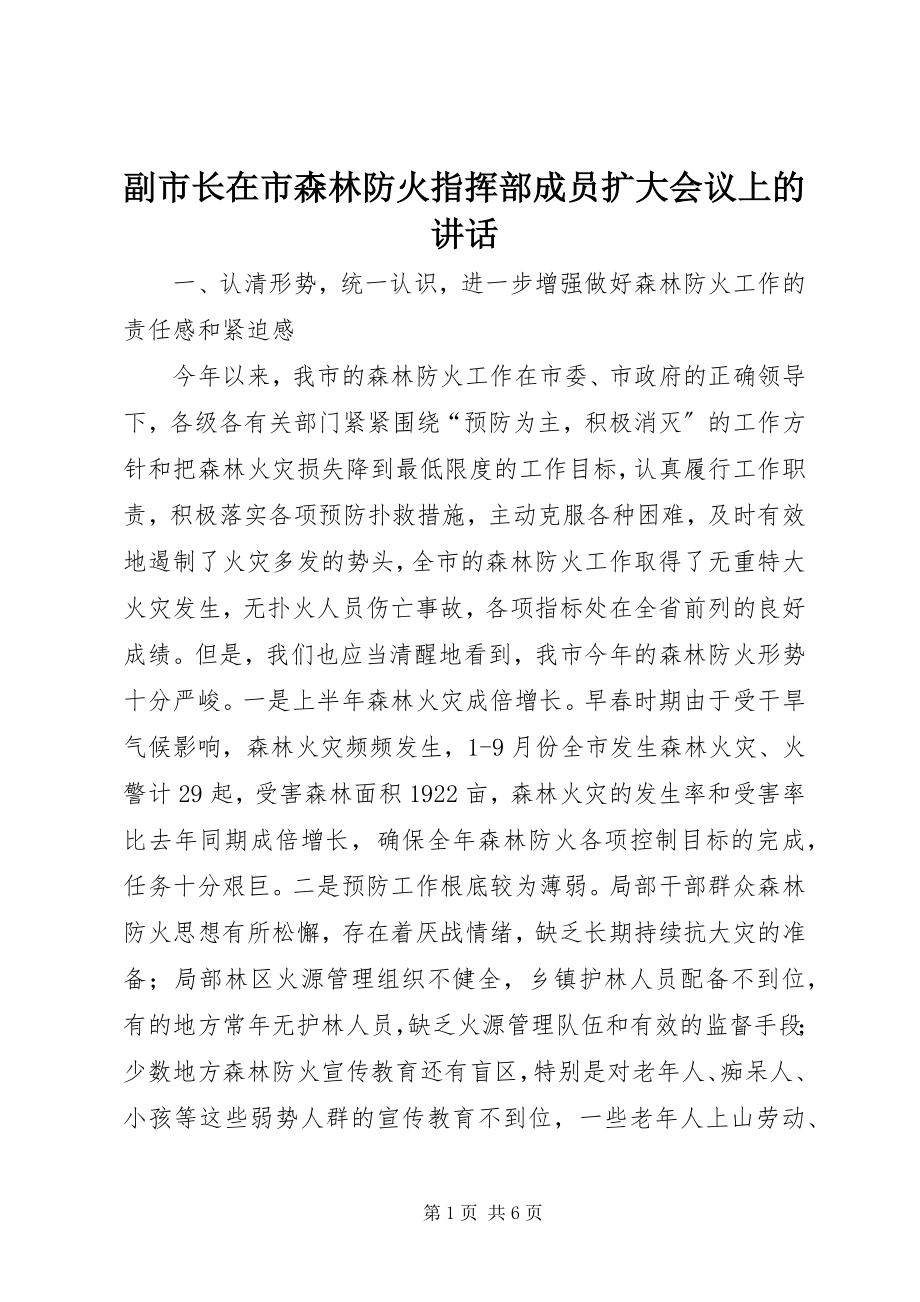 2023年副市长在市森林防火指挥部成员扩大会议上的致辞.docx_第1页