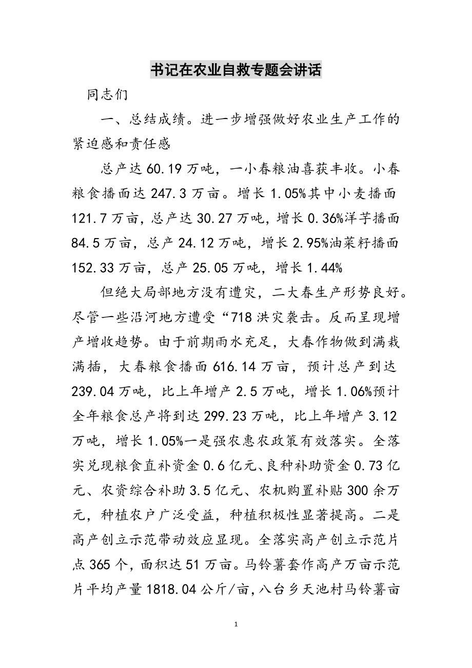 2023年书记在农业自救专题会讲话范文.doc_第1页