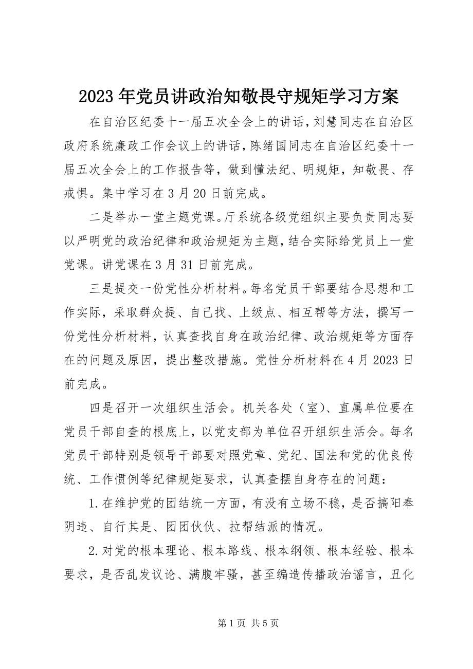 2023年党员讲政治知敬畏守规矩学习计划.docx_第1页