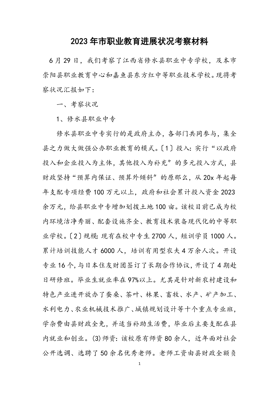 2023年市职业教育发展情况考察材料.docx_第1页