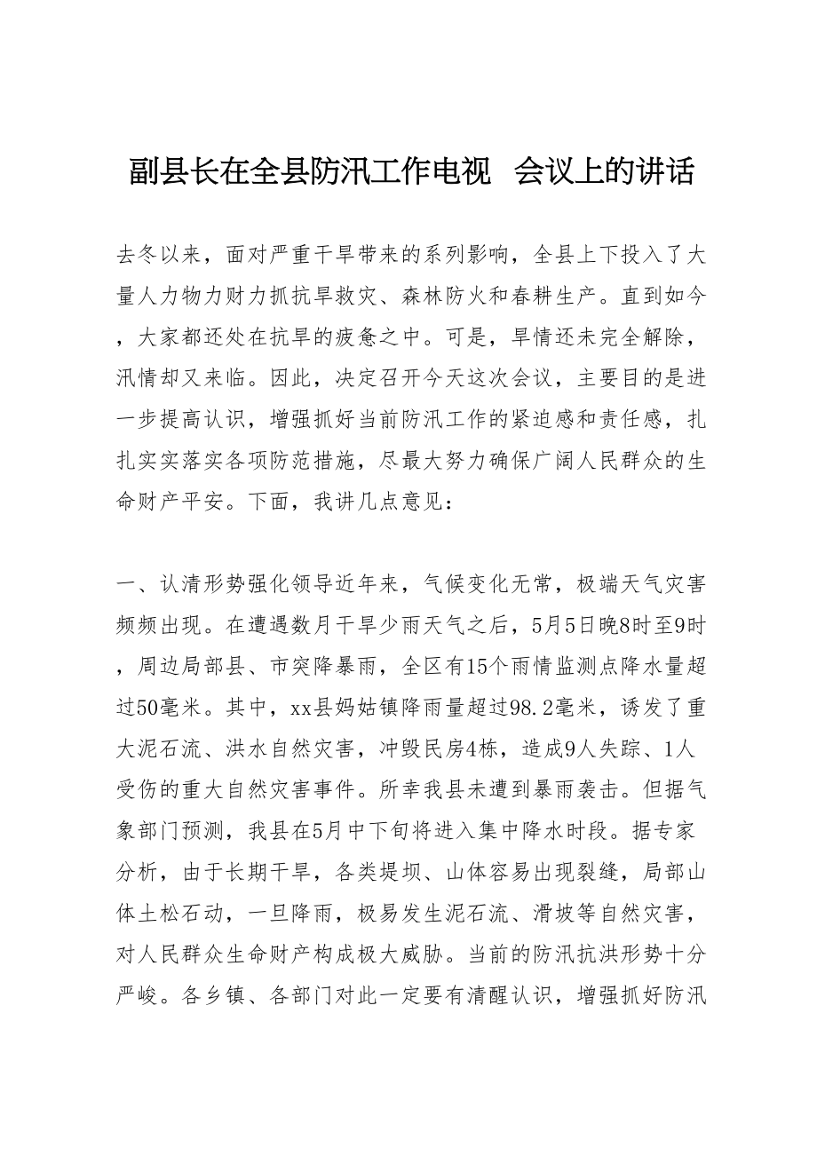 2023年副县长在全县防汛工作电视电话会议上的致辞.doc_第1页