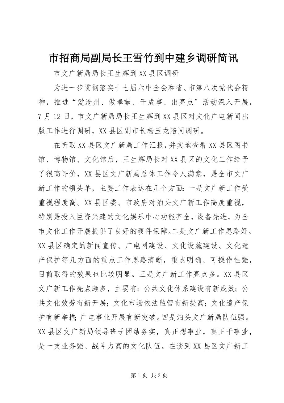 2023年市招商局副局长王雪竹到中建乡调研简讯.docx_第1页