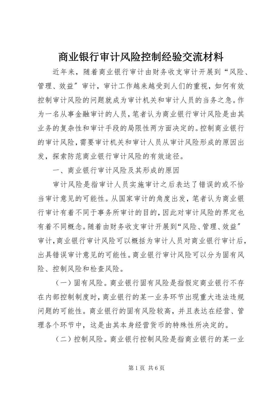 2023年商业银行审计风险控制经验交流材料.docx_第1页