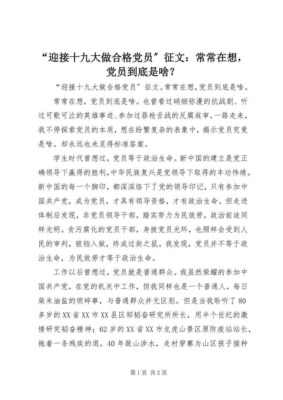 2023年迎接十九大做合格党员征文常常在想党员到底是啥？.docx_第1页