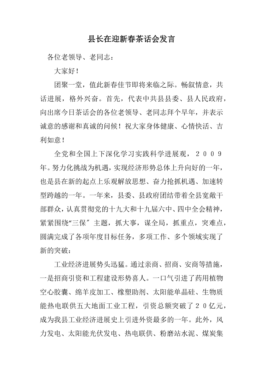 2023年县长在迎新春茶话会发言.docx_第1页