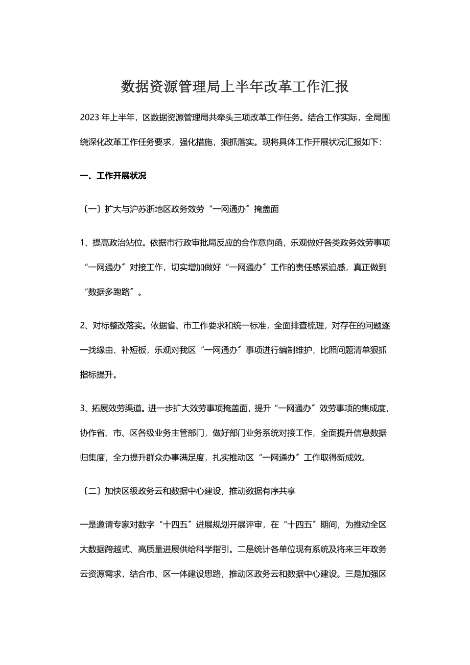 2023年数据资源管理局上半年改革工作汇报 .doc_第1页