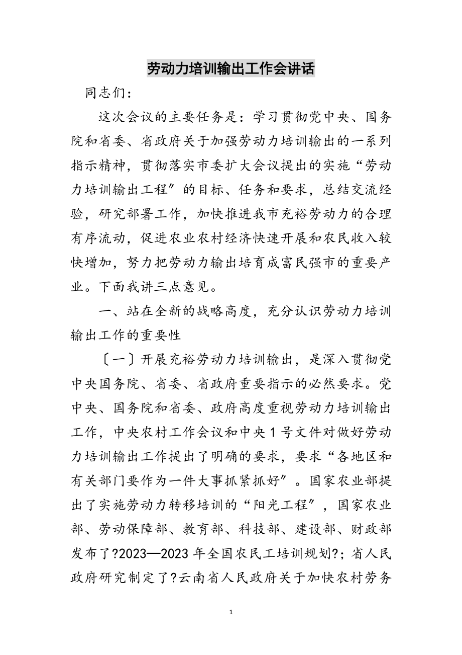 2023年劳动力培训输出工作会讲话范文.doc_第1页