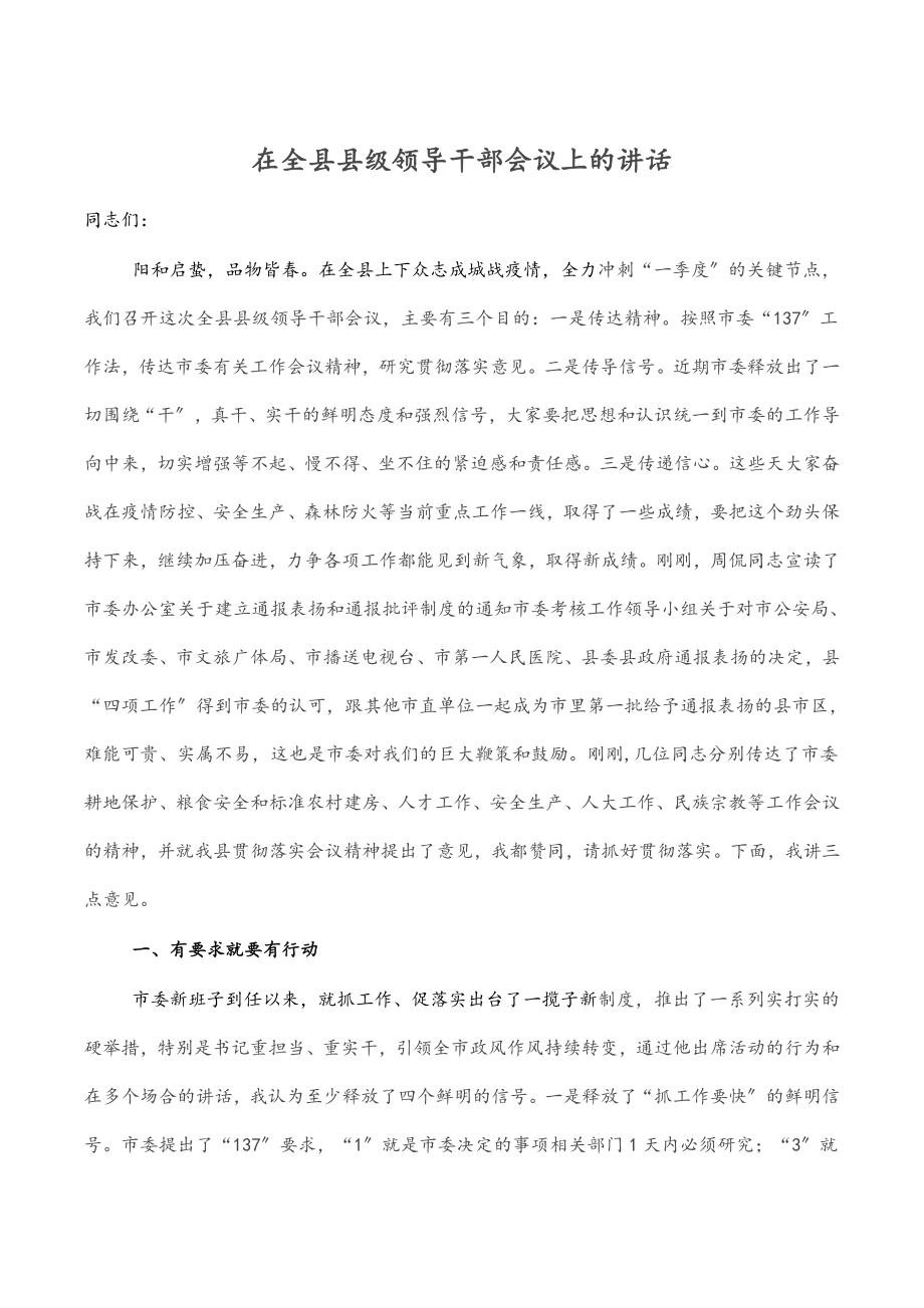 2023年在全县县级领导干部会议上的讲话.docx_第1页