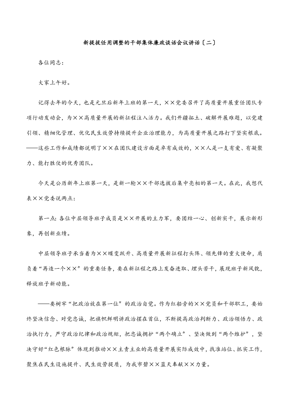 新提拔任用调整的干部集体廉政谈话会议讲话（二）.docx_第1页