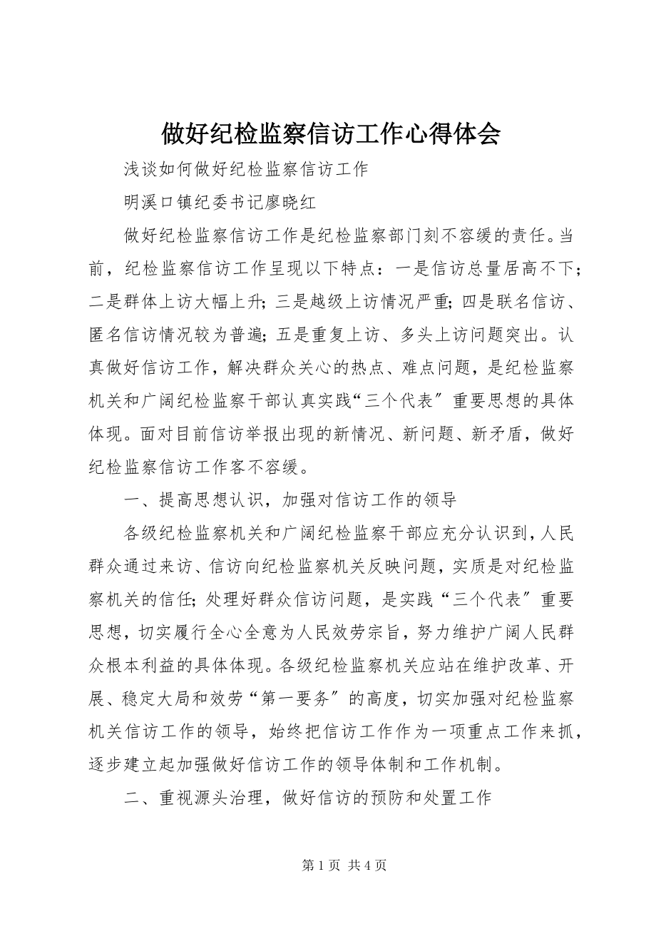 2023年做好纪检监察信访工作心得体会.docx_第1页