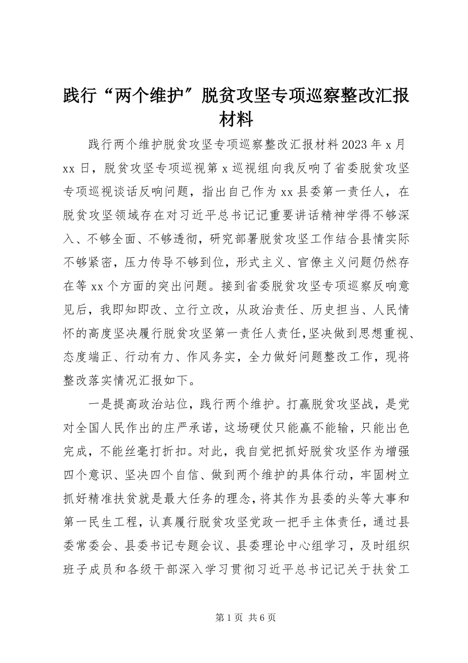 2023年践行“两个维护”脱贫攻坚专项巡察整改汇报材料.docx_第1页