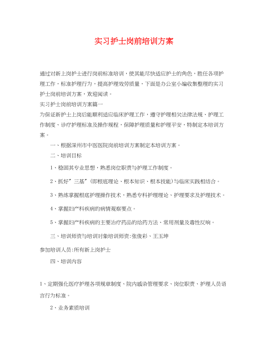 2023年实习护士岗前培训计划.docx_第1页