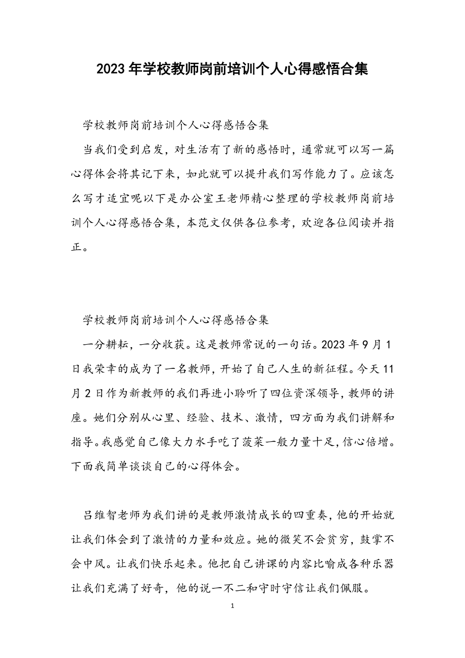 2023年学校教师岗前培训个人心得感悟.docx_第1页