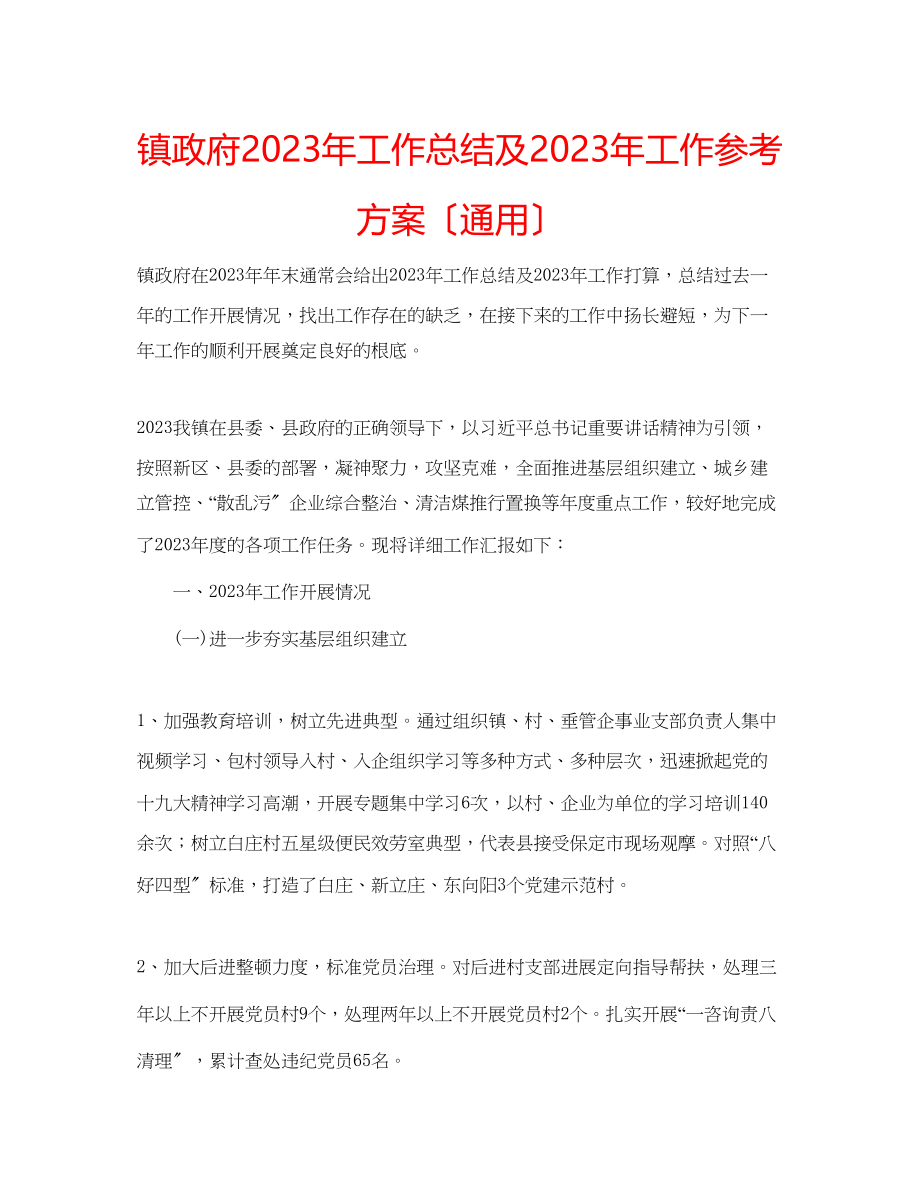 2023年镇政府工作总结及工作计划（通用）.docx_第1页