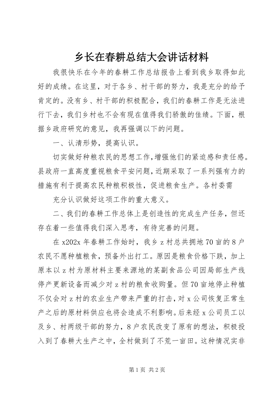 2023年乡长在春耕总结大会致辞材料.docx_第1页