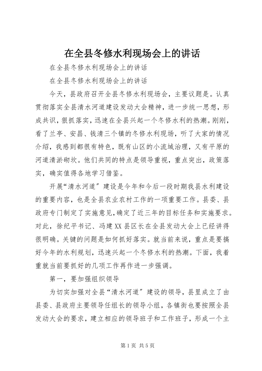 2023年在全县冬修水利现场会上的致辞.docx_第1页