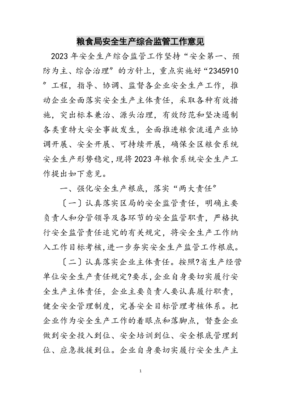 2023年粮食局安全生产综合监管工作意见范文.doc_第1页