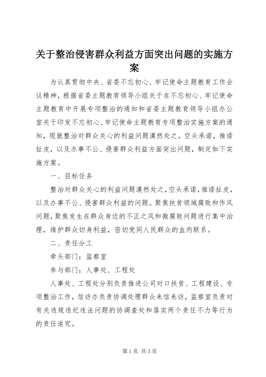 2023年整治侵害群众利益方面突出问题的实施方案.docx_第1页