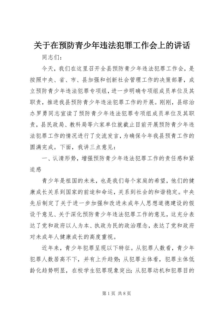 2023年在预防青少违法犯罪工作会上的致辞.docx_第1页