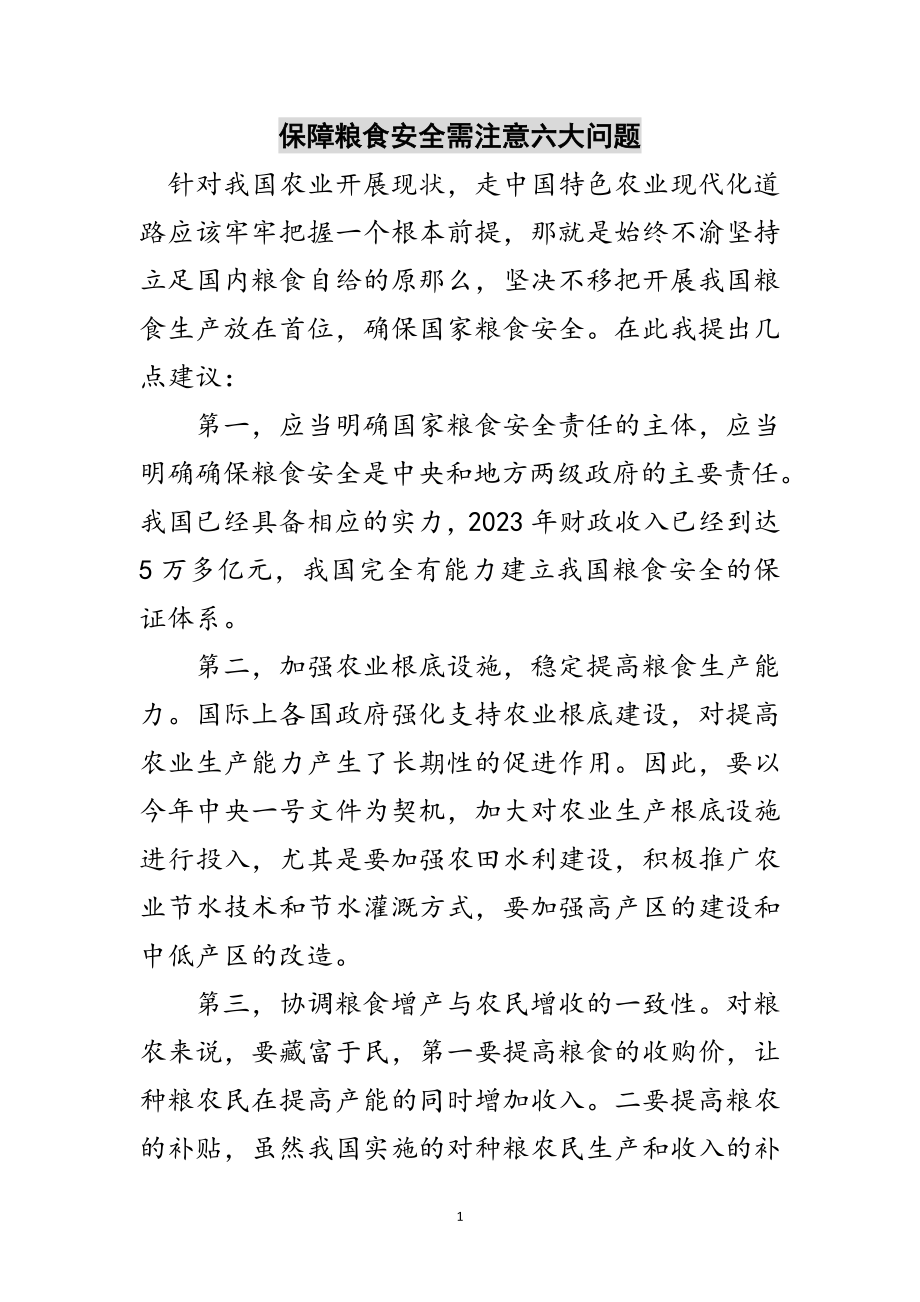 2023年保障粮食安全需注意六大问题范文.doc_第1页