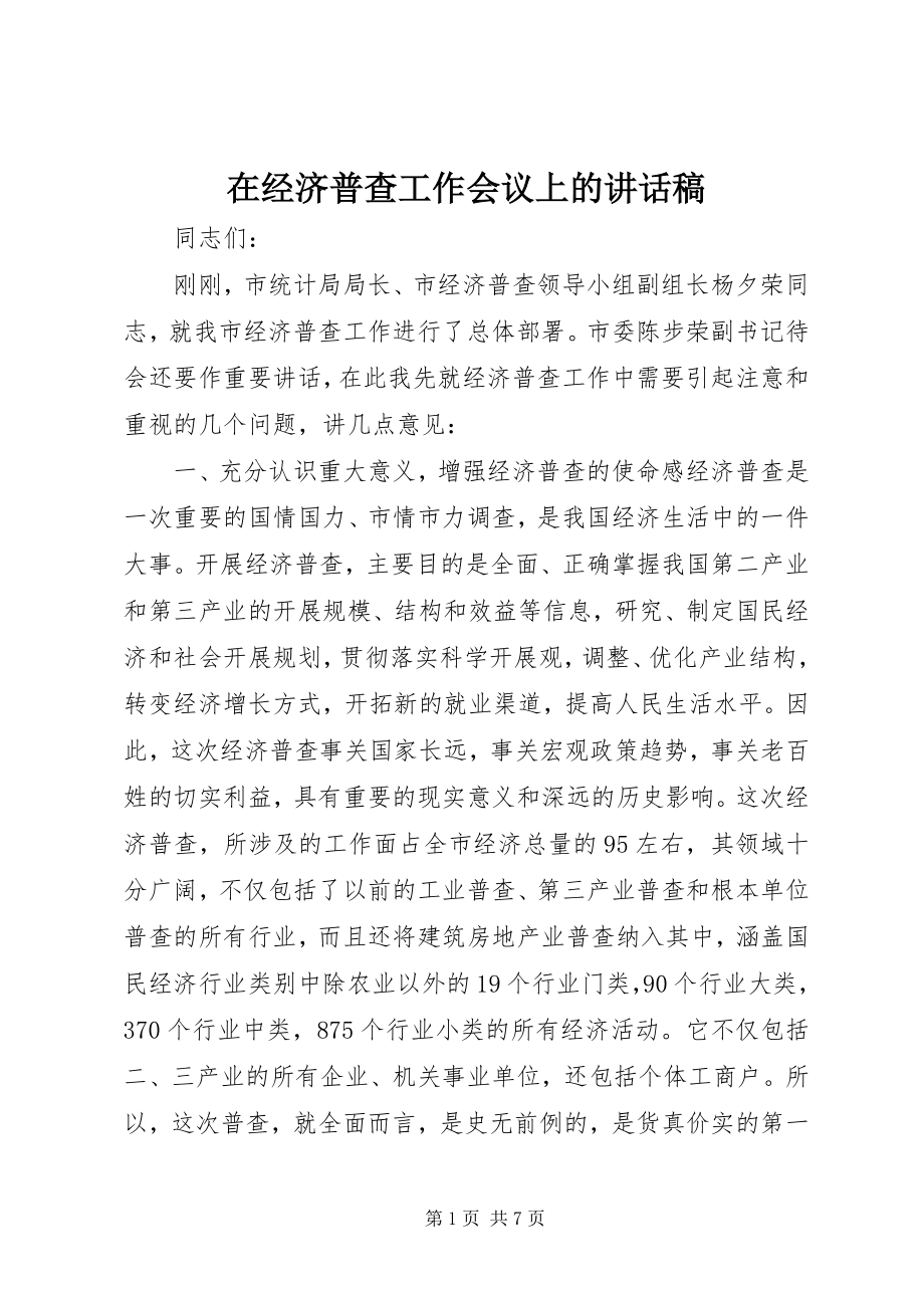 2023年在经济普查工作会议上的致辞稿.docx_第1页