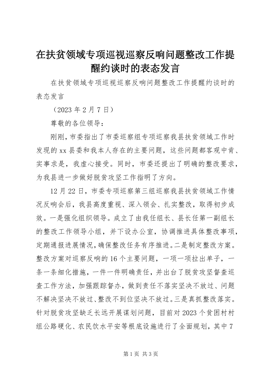 2023年在扶贫领域专项巡视巡察反馈问题整改工作提醒约谈时的表态讲话.docx_第1页