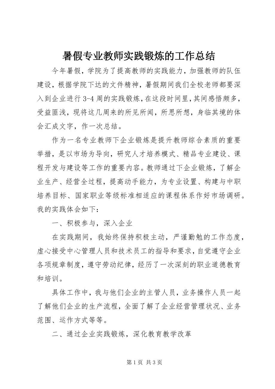 2023年暑假专业教师实践锻炼的工作总结.docx_第1页