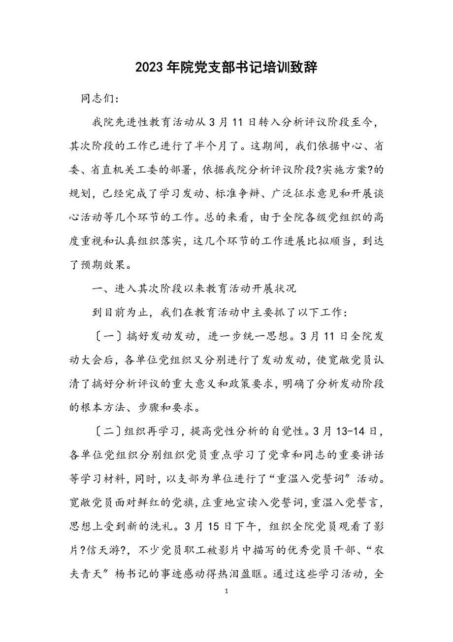 2023年院党支部书记培训致辞.docx_第1页