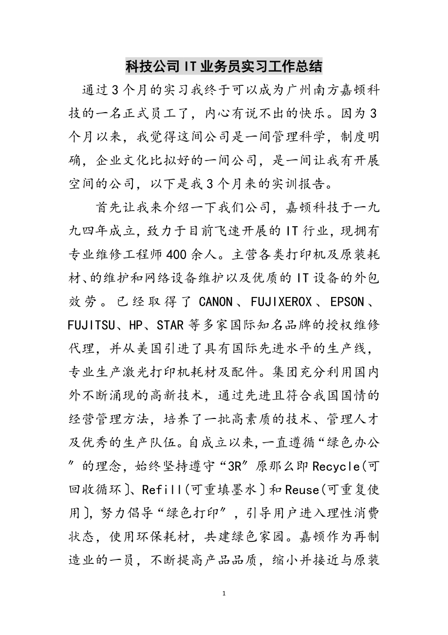 2023年科技公司IT业务员实习工作总结范文.doc_第1页