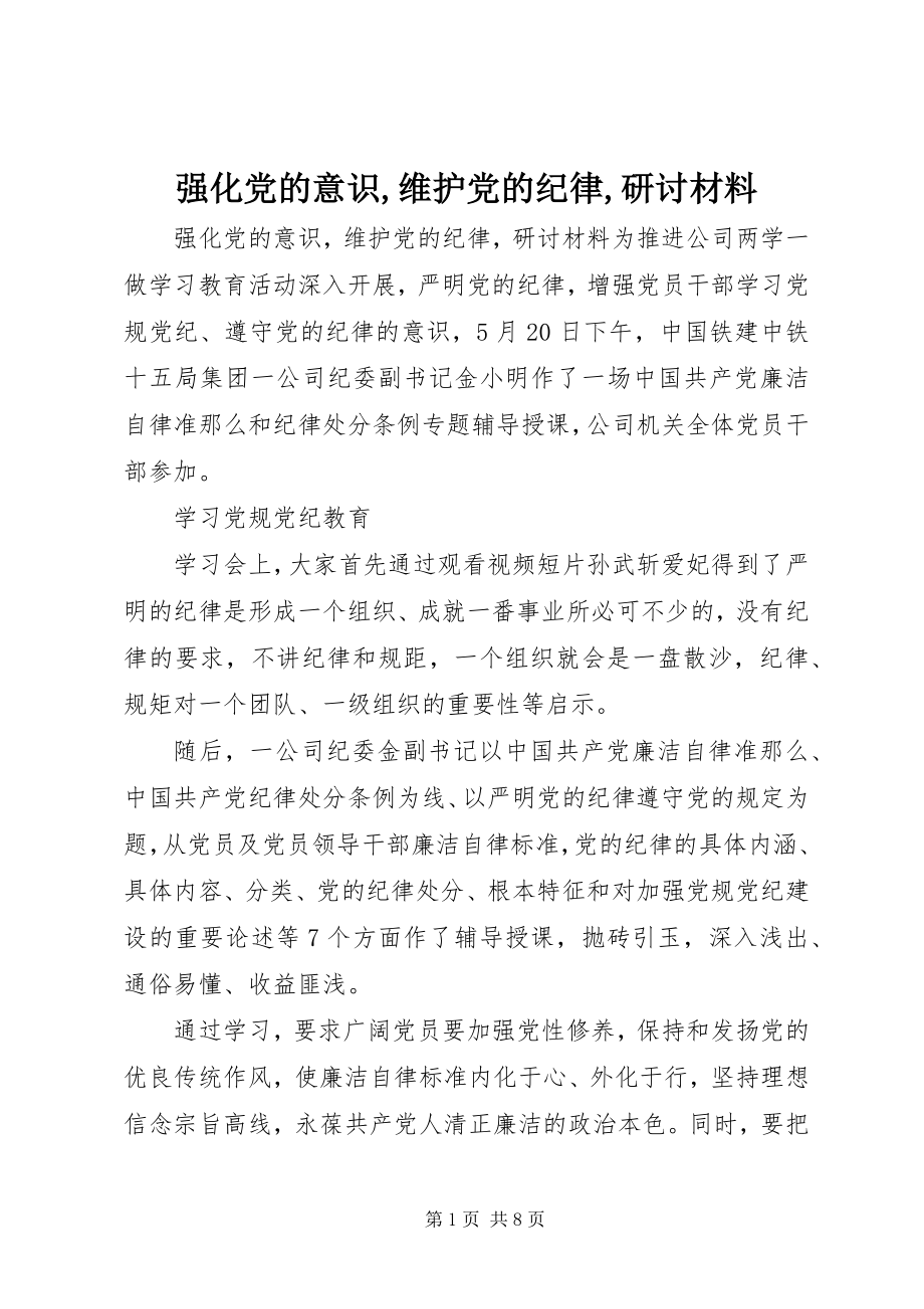 2023年强化党的意识维护党的纪律研讨材料.docx_第1页