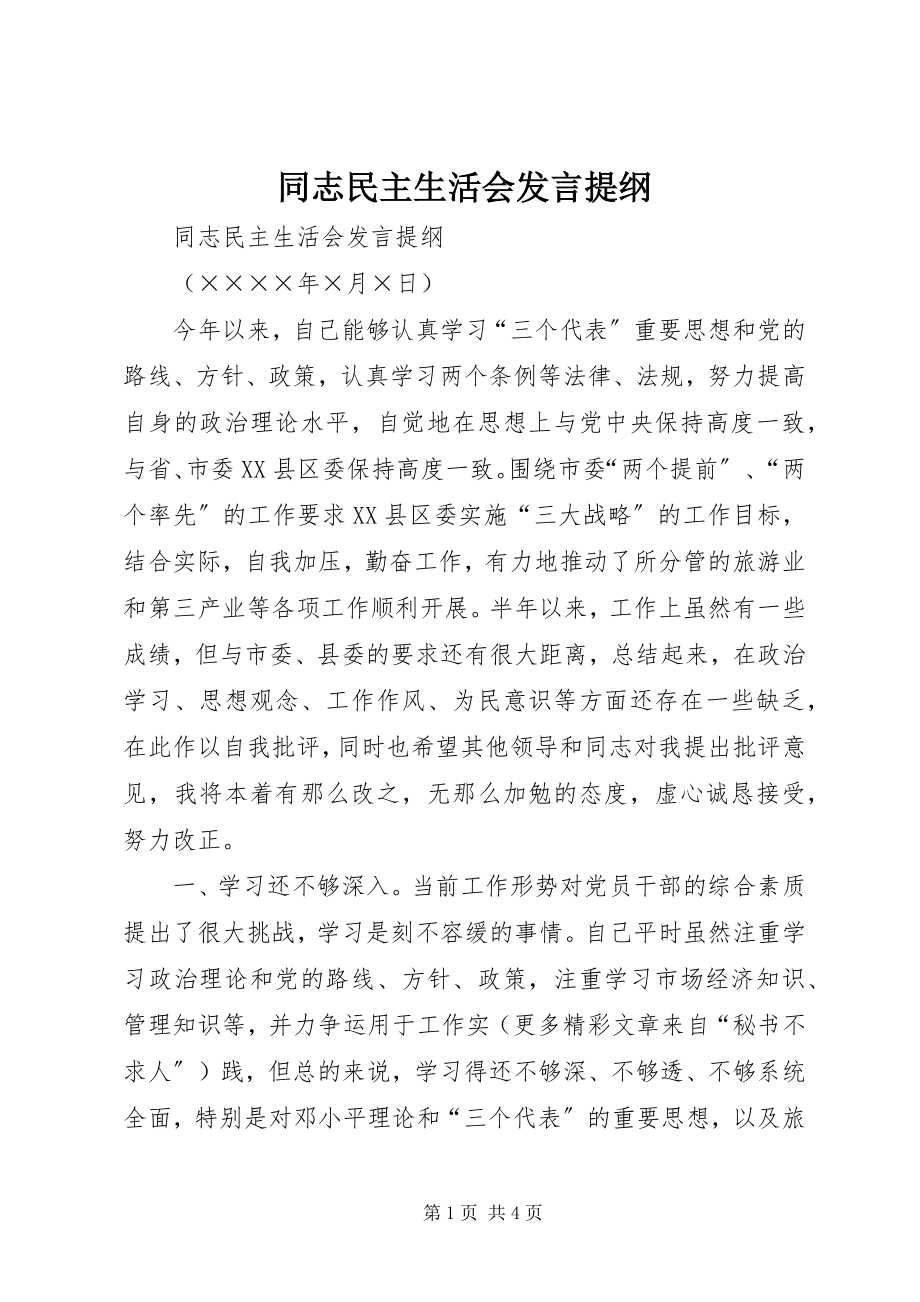 2023年同志民主生活会讲话提纲.docx_第1页