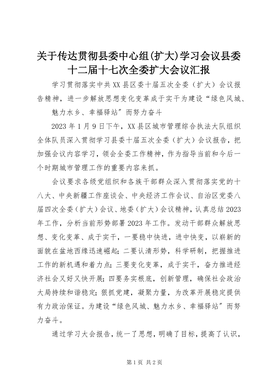 2023年传达贯彻县委中心组扩大学习会议县委十二届十七次全委扩大会议汇报.docx_第1页