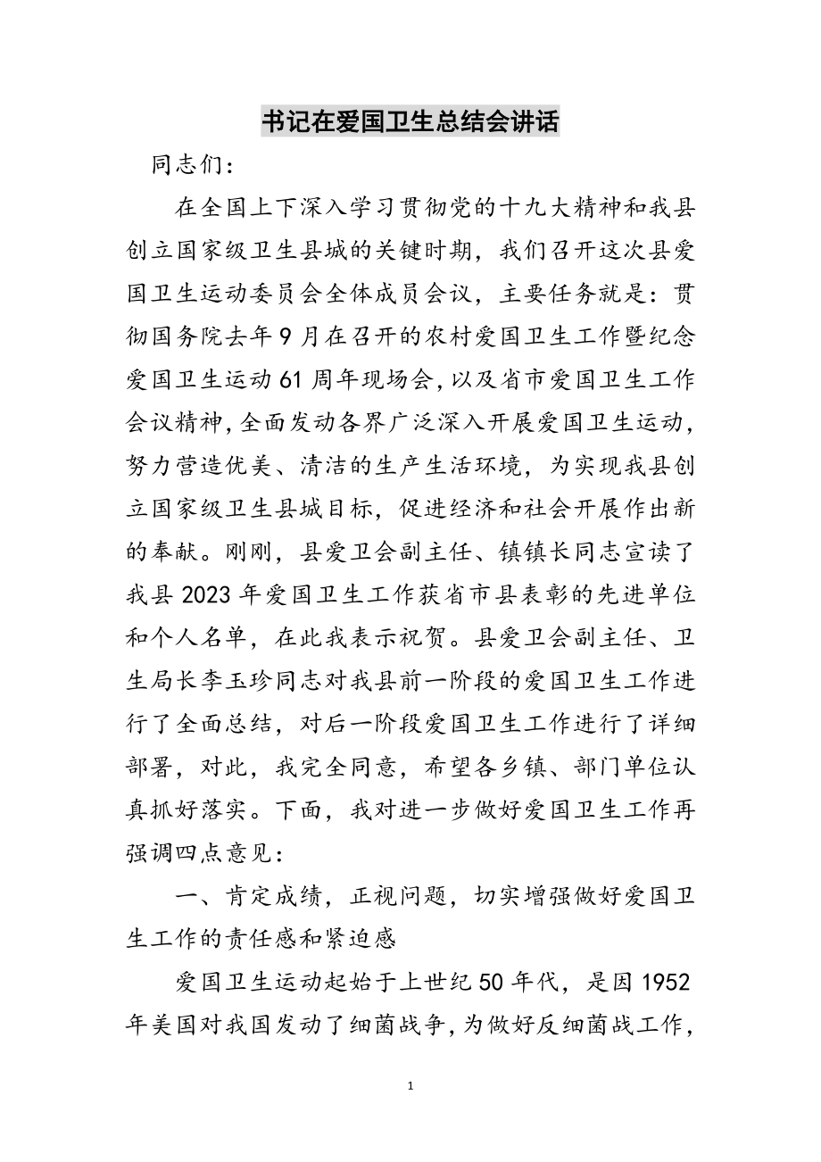 2023年书记在爱国卫生总结会讲话范文.doc_第1页