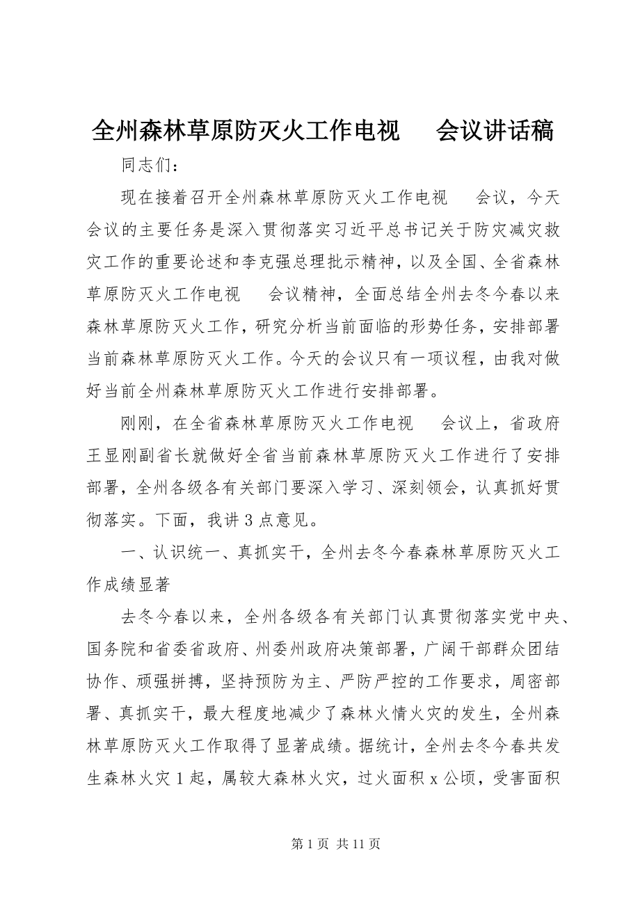 2023年全州森林草原防灭火工作电视电话会议致辞稿.docx_第1页