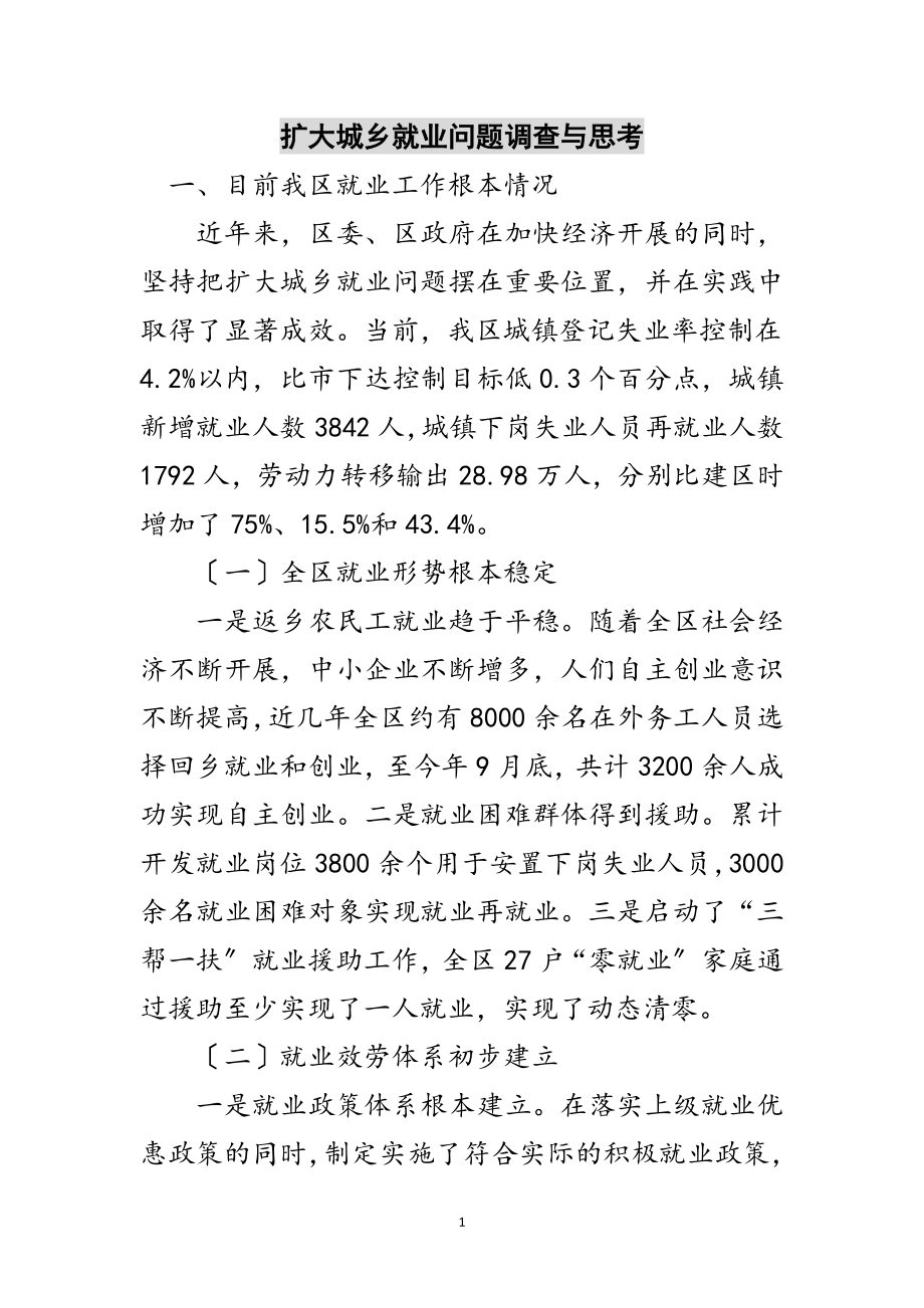 2023年扩大城乡就业问题调查与思考范文.doc_第1页