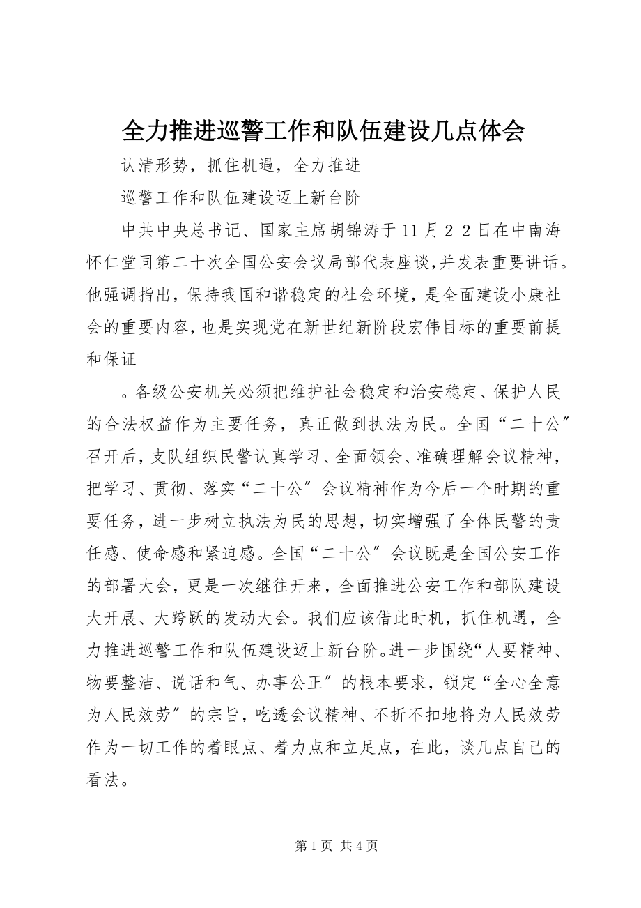 2023年全力推进巡警工作和队伍建设几点体会.docx_第1页