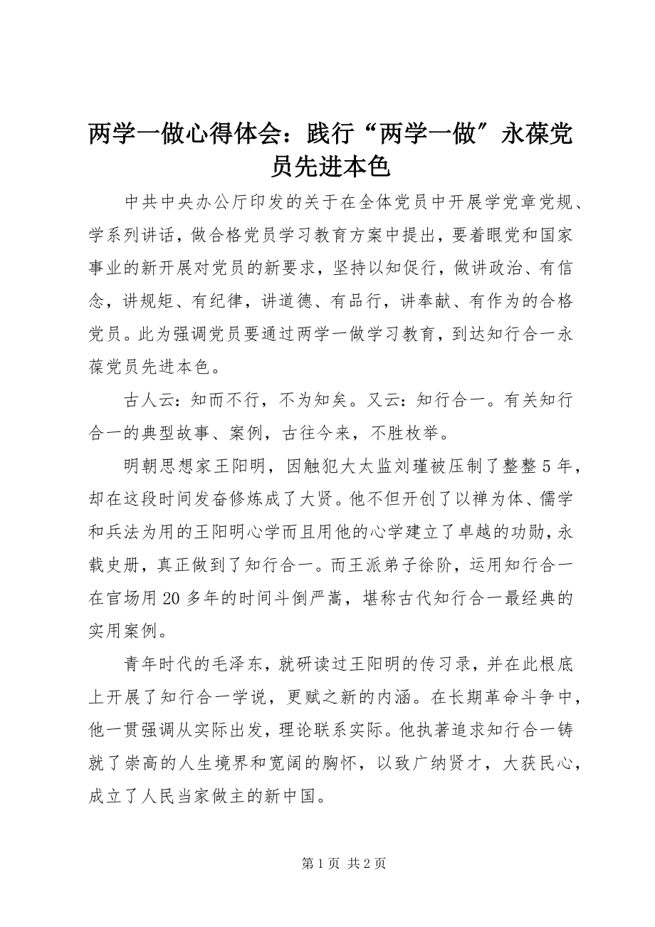 2023年两学一做心得体会践行“两学一做”永葆党员先进本色.docx_第1页