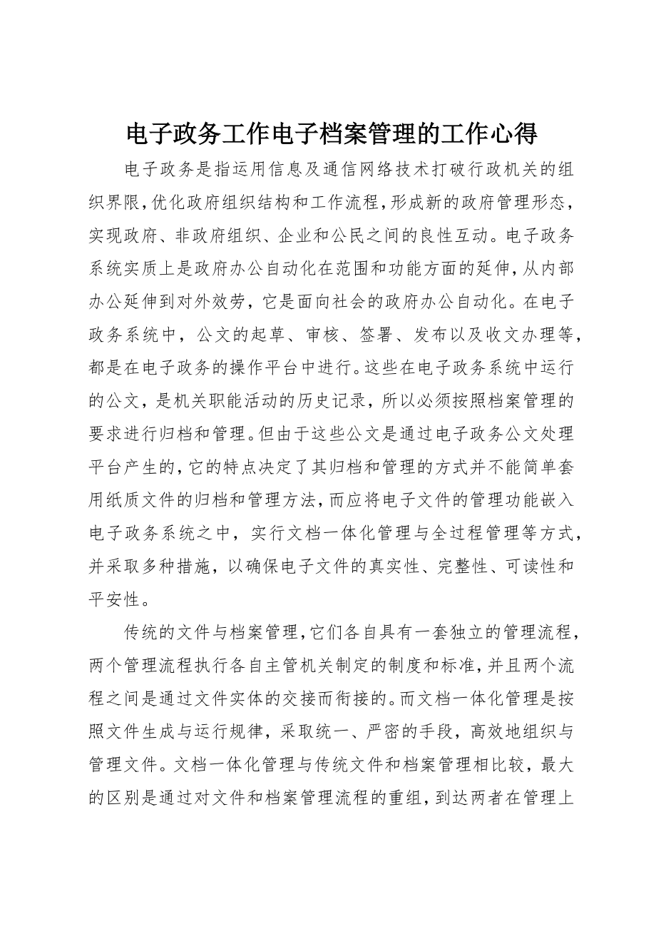 2023年电子政务工作电子档案管理的工作心得新编.docx_第1页