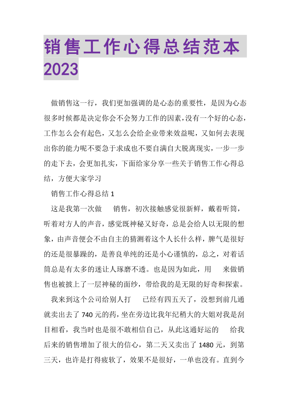 2023年销售工作心得总结范本.doc_第1页