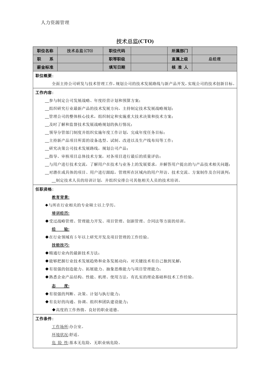 人力资源管理 企业管理 岗位说明 技术总监岗位职责.docx_第1页