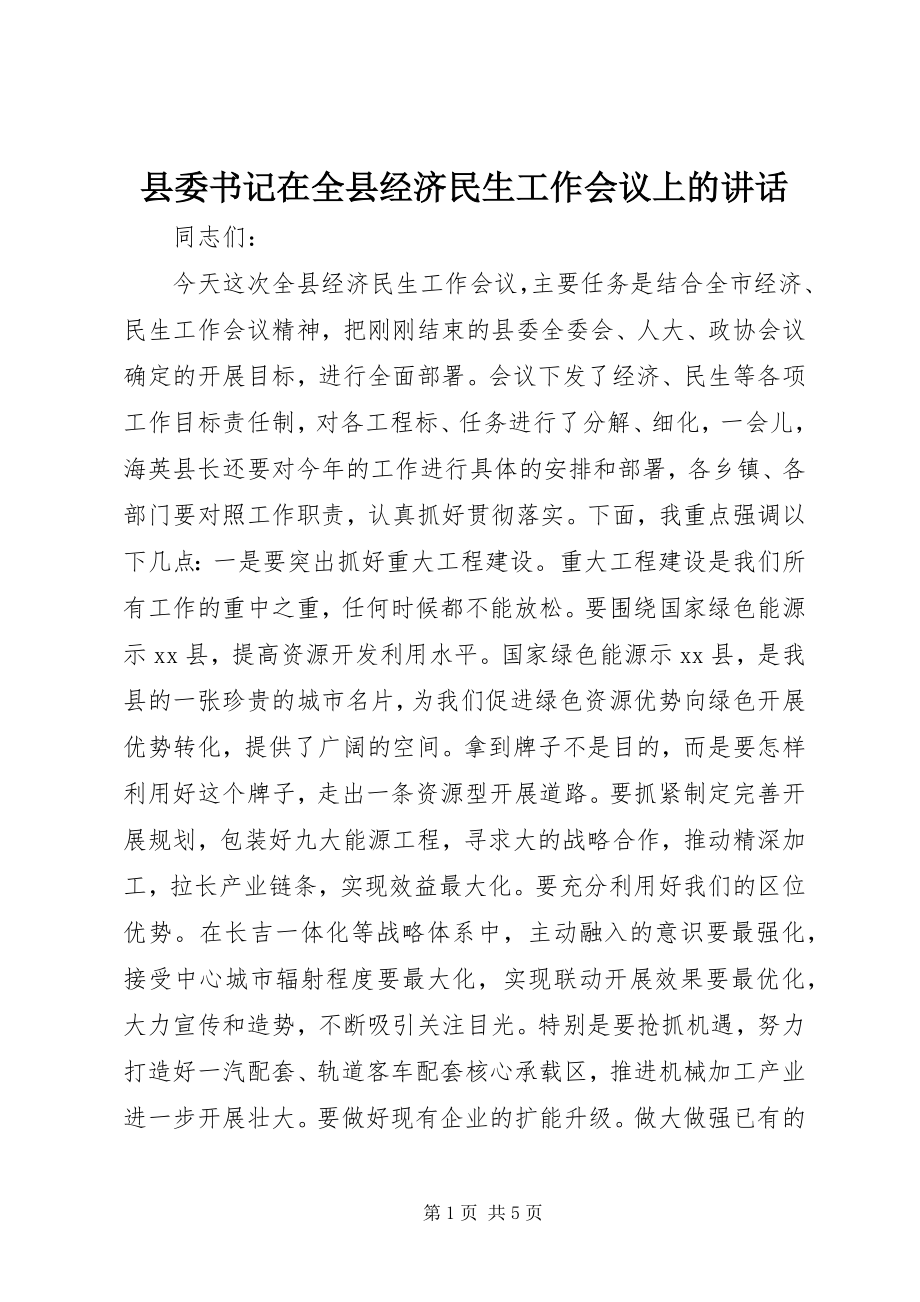 2023年县委书记在全县经济民生工作会议上的致辞.docx_第1页