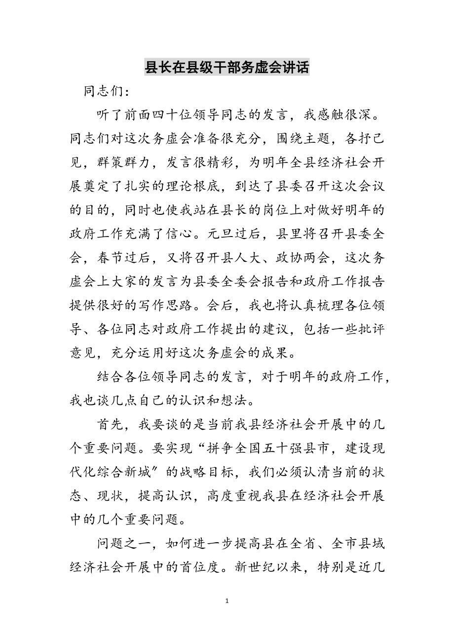 2023年县长在县级干部务虚会讲话范文.doc_第1页