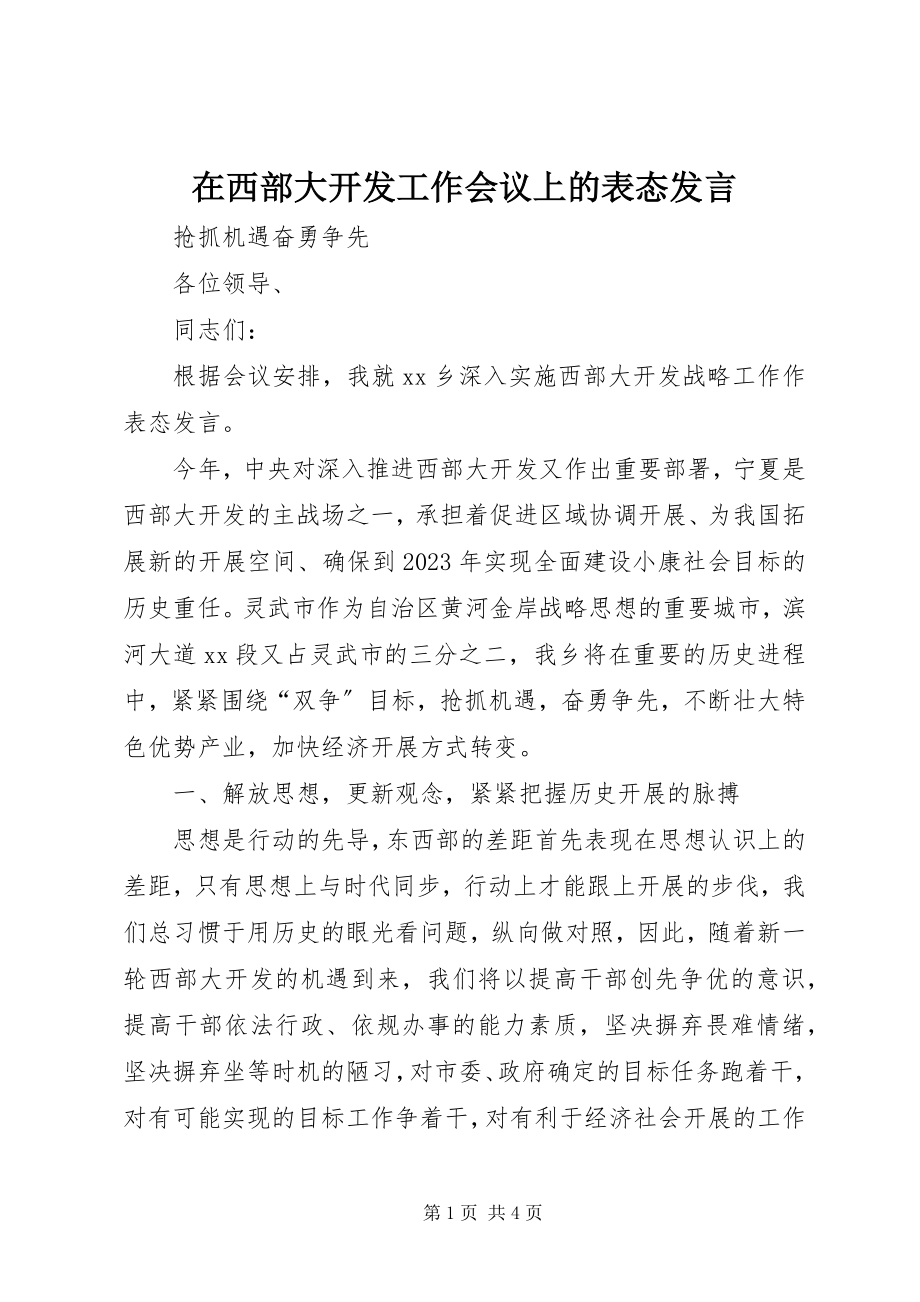 2023年在西部大开发工作会议上的表态讲话.docx_第1页