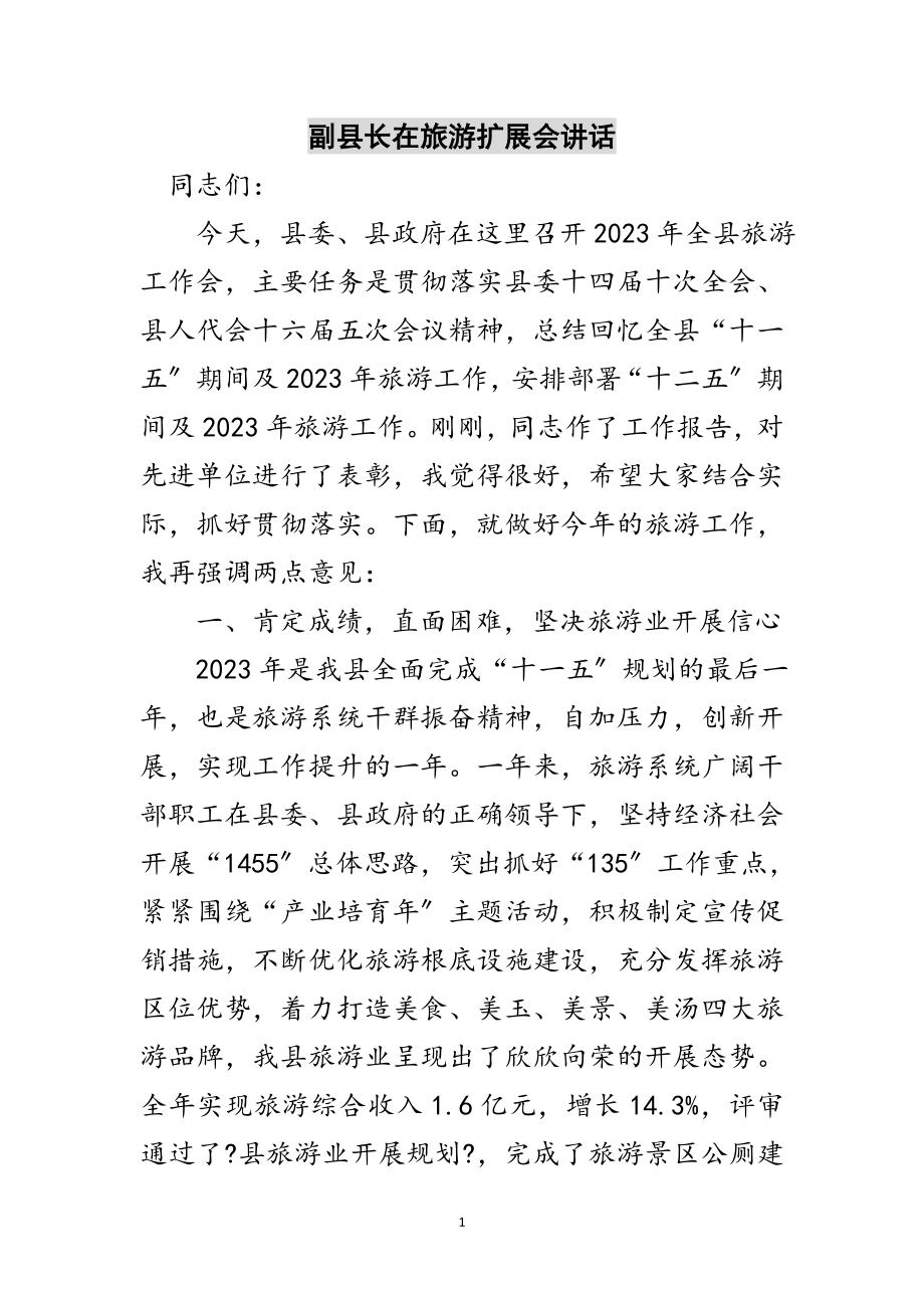 2023年副县长在旅游扩展会讲话范文.doc_第1页