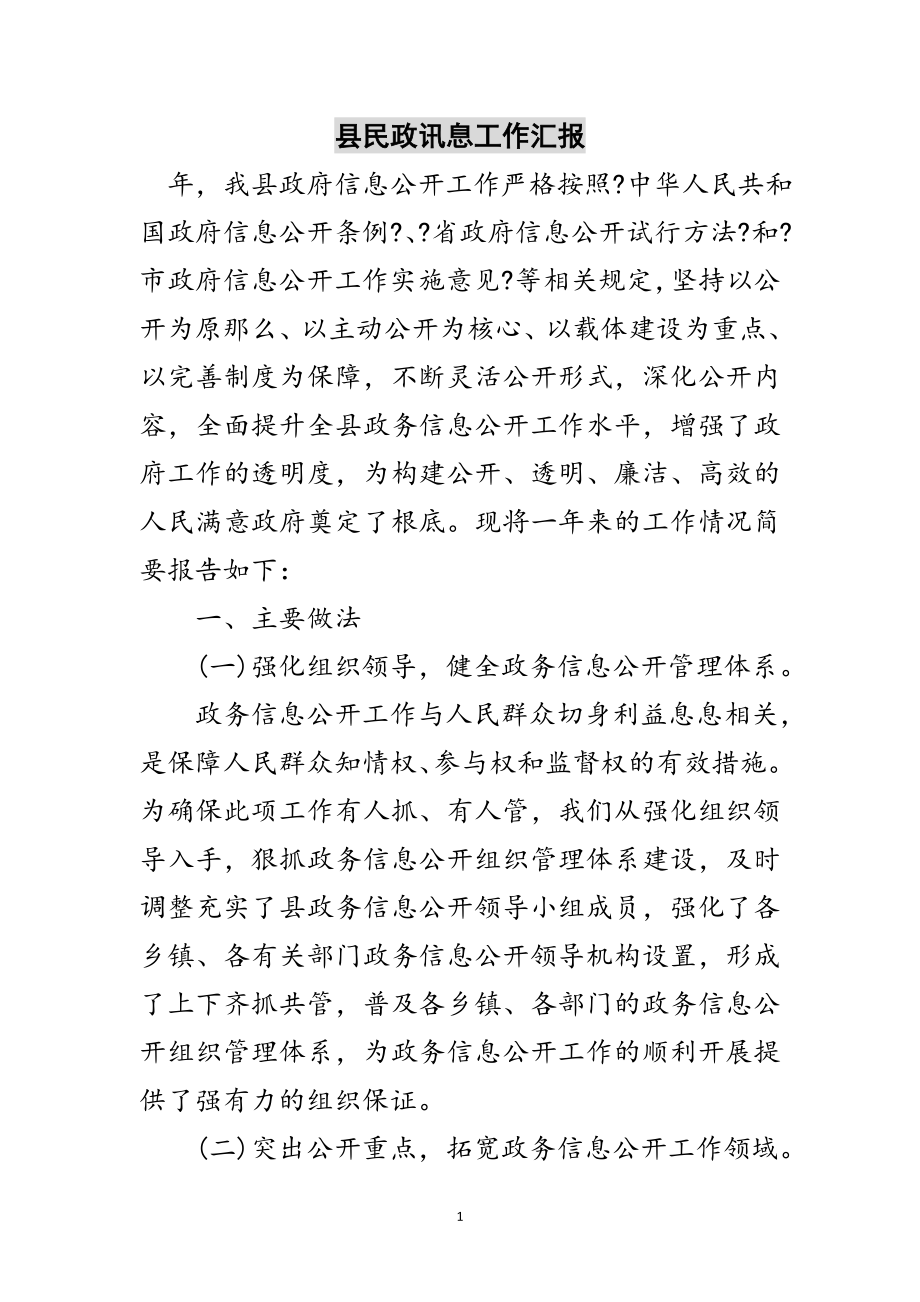 2023年县民政讯息工作汇报范文.doc_第1页