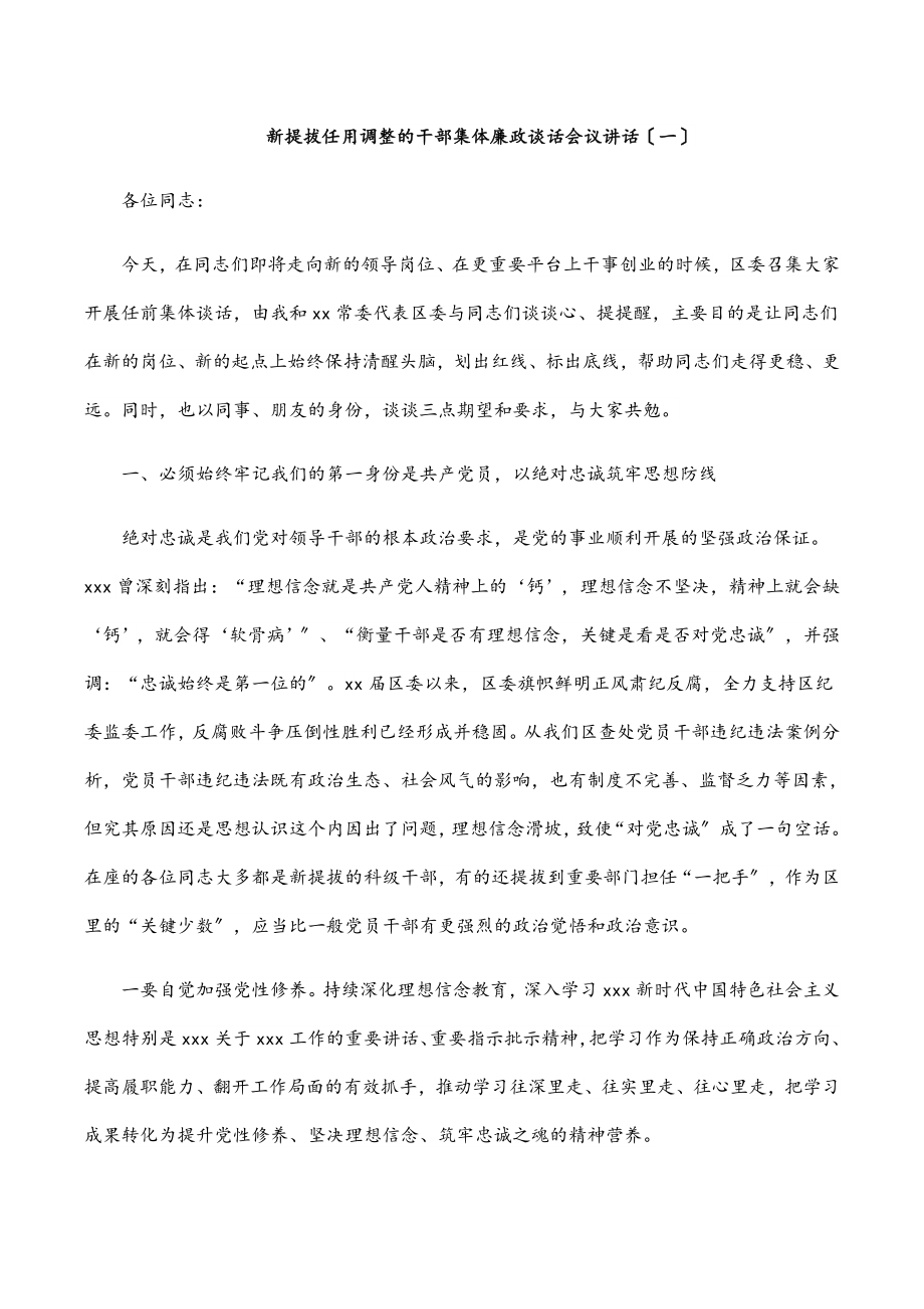 2023年新提拔任用调整的干部集体廉政谈话会议讲话（一）.docx_第1页