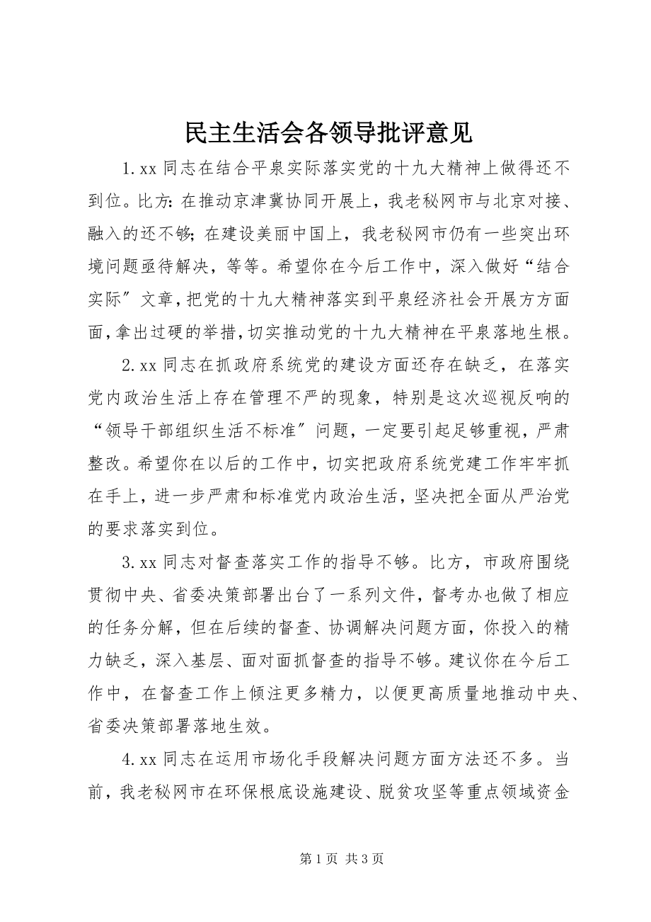 2023年民主生活会各领导批评意见.docx_第1页