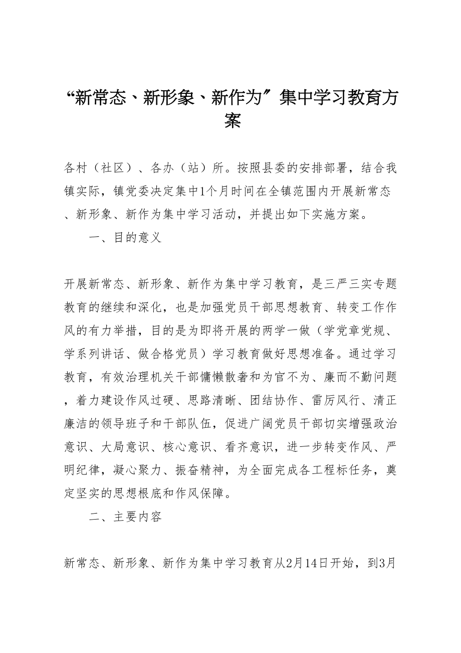 2023年新常态新形象新作为集中学习教育方案.doc_第1页