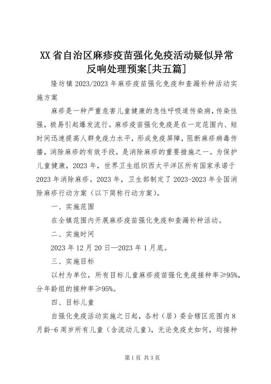 2023年XX省自治区麻疹疫苗强化免疫活动疑似异常反应处理预案共五篇.docx_第1页