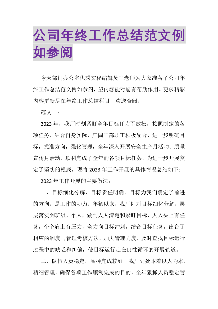 2023年公司年终工作总结范文示例参阅.doc_第1页